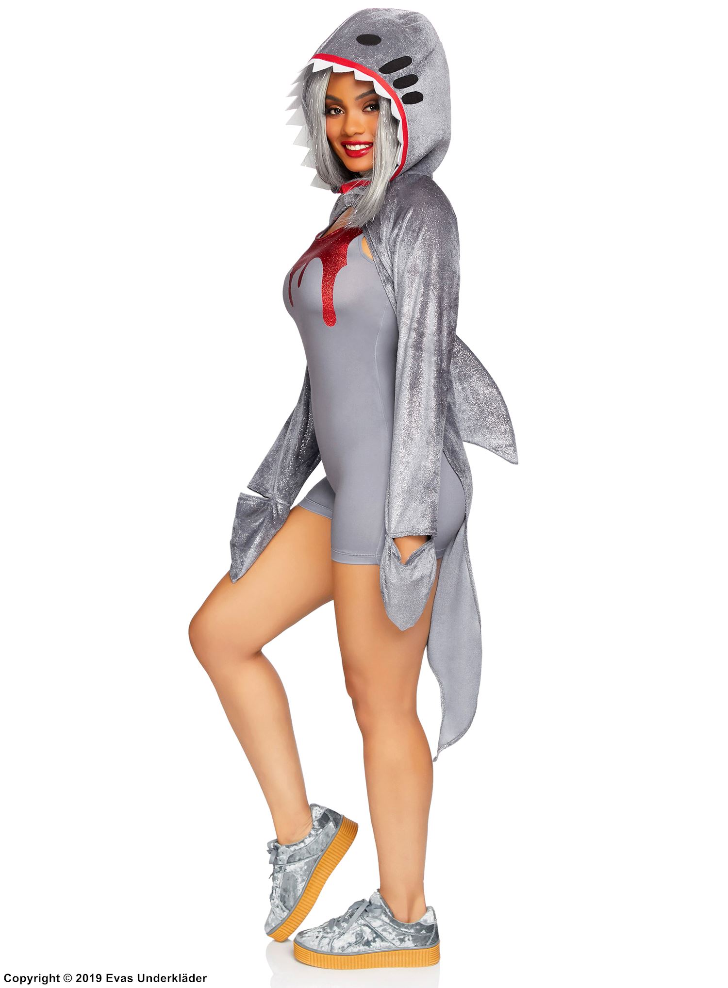 Female shark, costume romper, velvet, fin